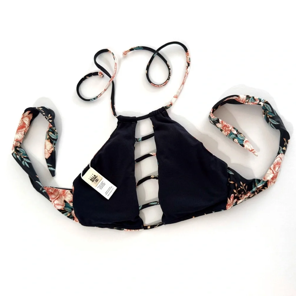 BILLABONG BLACK FLORAL PRINT STRAPPY OPEN CENTER HALTER TOP CINCHED BOTTOM SET - Picture 3 of 4